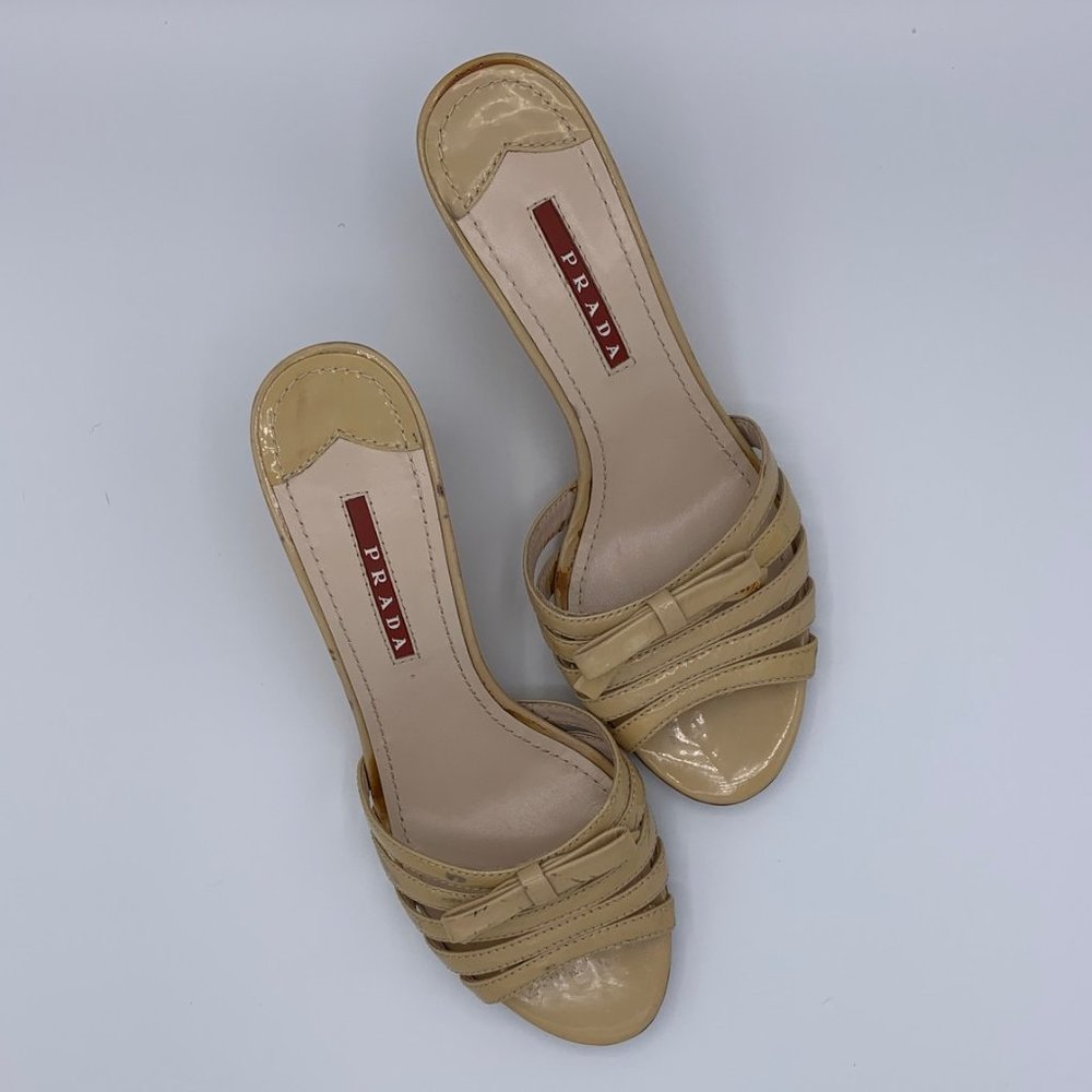 Prada Cream Patent Sport Cork Wedge Sandals